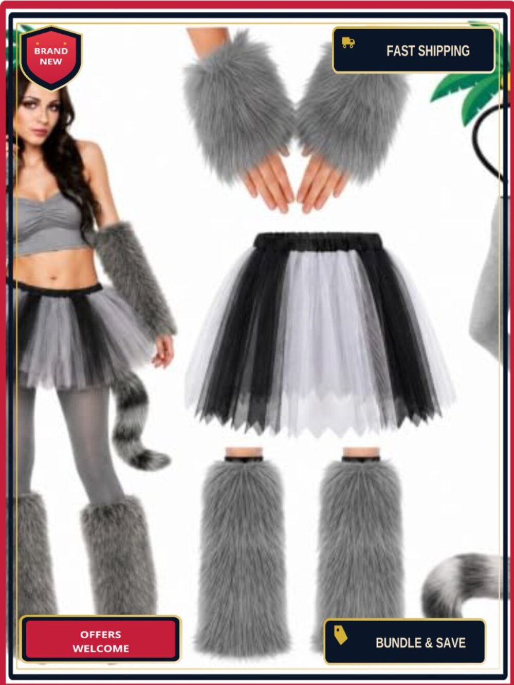 Women's Halloween Lemur Costume Accessory Set Faux Fur Tail Leg Covers Gloves